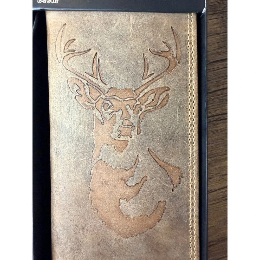 American Bison Mens Genuine Leather Long Wallet RFID Deer Embossed Brown Bifold